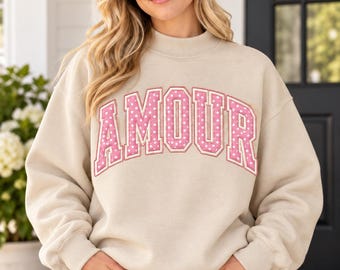 Amour-tröja med hög halsringning, rosa prickig tröja med applikation, Coquette Valentine-tröja med rund halsringning, fransk kärleksskjorta, present till henne