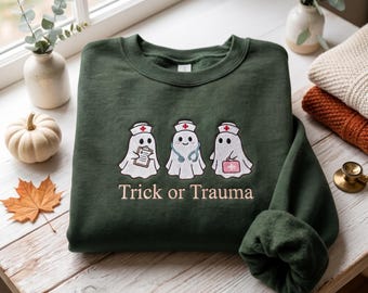 Broderad spöksjuksköterska-tröja, Trick or Trauma Halloween-tröja