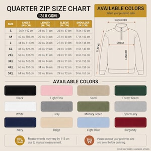 May include: A quarter zip size chart featuring a technical line drawing of a pullover with labels for shoulder, chest, sleeve, and length. A table lists sizes S through 5XL with measurements in inches and centimeters. Color swatches are included.