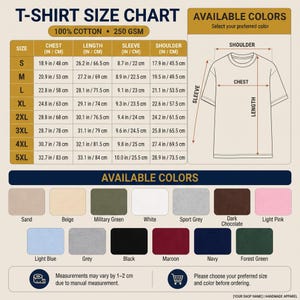 May include: A T-shirt size chart displaying measurements in inches and centimeters for sizes S through 5XL. The graphic includes a line drawing of a T-shirt with labeled dimensions and a color palette showing 14 available fabric color options.