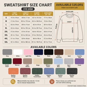 May include: A sweatshirt size chart featuring a table with measurements in inches and centimeters for sizes S through 5XL, a line drawing of a sweatshirt with labeled dimensions, and a grid of 24 available color swatches with their names.