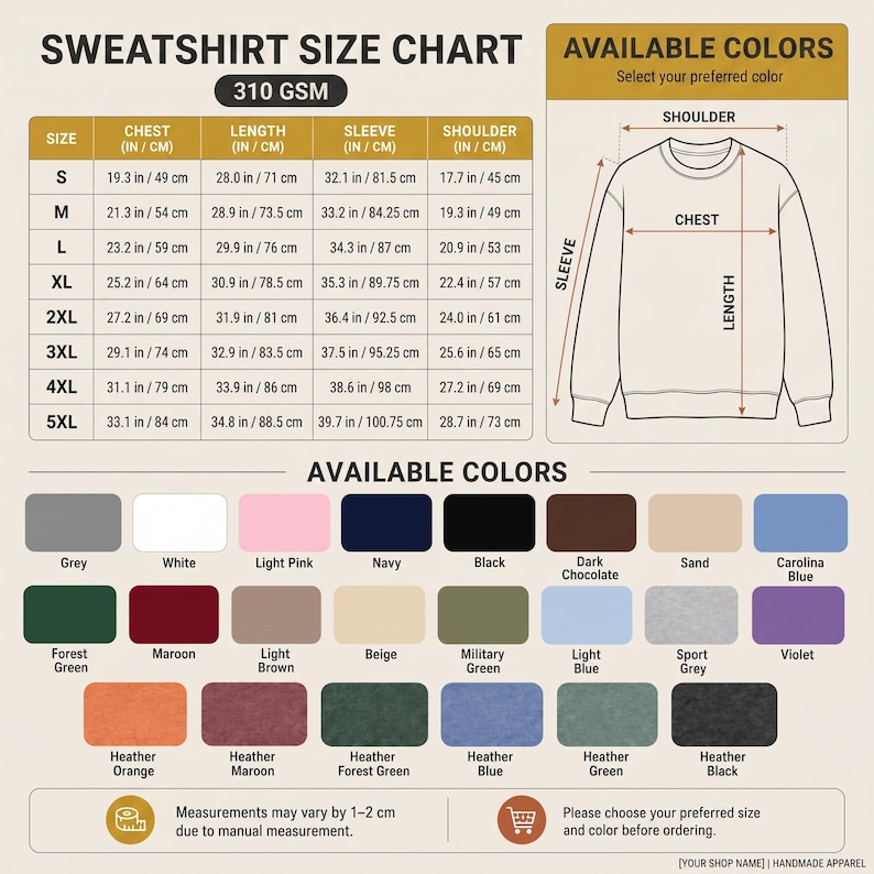 May include: A sweatshirt size chart featuring a table with measurements in inches and centimeters for sizes S through 5XL, a line drawing of a sweatshirt with labeled dimensions, and a grid of 24 available color swatches with their names.