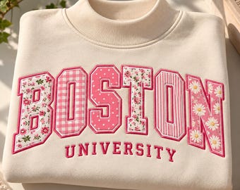 Boston University-tröja med hög halsringning, blommig lapptäcke och applikation, tröja från universitetet, present till alumner