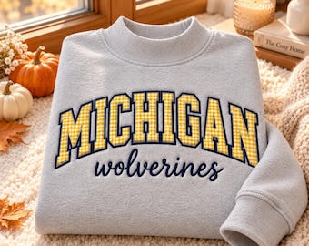 Michigan Wolverines tröja med hög hals, tröja med gingham-applikation och rund hals, tröja för universitetsmatchen, gåva för skolandan