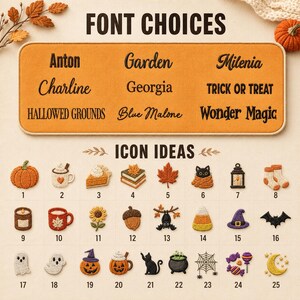 May include: A rectangular orange fabric swatch displaying various font choices including Anton, Garden, Milenia, Charline, Georgia, Trick or Treat, Hallowed Grounds, Blue Malone, and Wonder Magic, alongside twenty-five embroidered autumn icons.