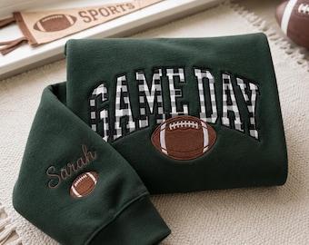 Embroidered Game Day Sweatshirt, Gingham Varsity Football Crewneck, Custom Name Sleeve, Personalized Sports Gift