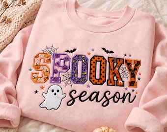 Spooky Season Embroidered Shirt, Halloween Pumpkin Ghost Sweatshirt, Hoodie & T-Shirt, Varsity Applique Top
