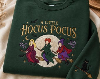 Embroidered Halloween Sweatshirt, Witch Sisters Crewneck, Spooky Season Pullover, Black Cat Witch Embroidery, Fall Gift