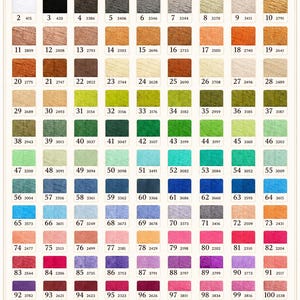 May include: A color chart for embroidery thread featuring 127 numbered swatches in a grid layout. The header reads EMBROIDERY THREAD, PREMIUM QUALITY, VIBRANT COLORS, PERFECT FOR EVERY DESIGN. The bottom text reads Color may vary slightly.