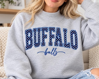 Buffalo Bulls tröja med hög halsringning, rund hals med lapptäcksapplikation, collegetröja med broderad varsity-tröja, matchdagspresent