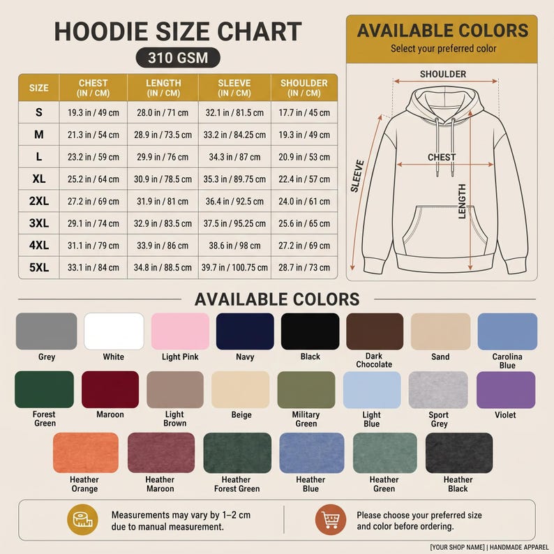 May include: A hoodie size chart featuring a technical line drawing of a hooded sweatshirt with labeled measurements for chest, length, sleeve, and shoulder. It includes a table with sizes S to 5XL in inches and centimeters, plus a color palette.