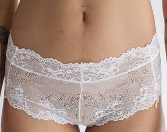 Boy Short in Low Rise or High Rise Cut and Sheer Floral White Stretch Lace