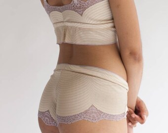 Lace Boy Short in Low Rise or High Rise Cut in two tone color-way: Lavender Cream
