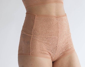 Boy Short in Low Rise or High Rise Terracotta Fern Print Lace.