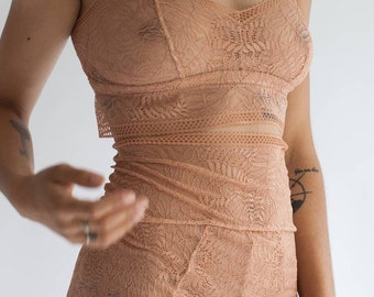 Sheer Bralette with Double Triangle Racerback in Terracotta Fern Print Lace