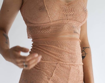 Longline Sweet Heart Spaghetti Strap Lace Bralette in Sheer Light Brown Terracotta Fern Patterned Lace