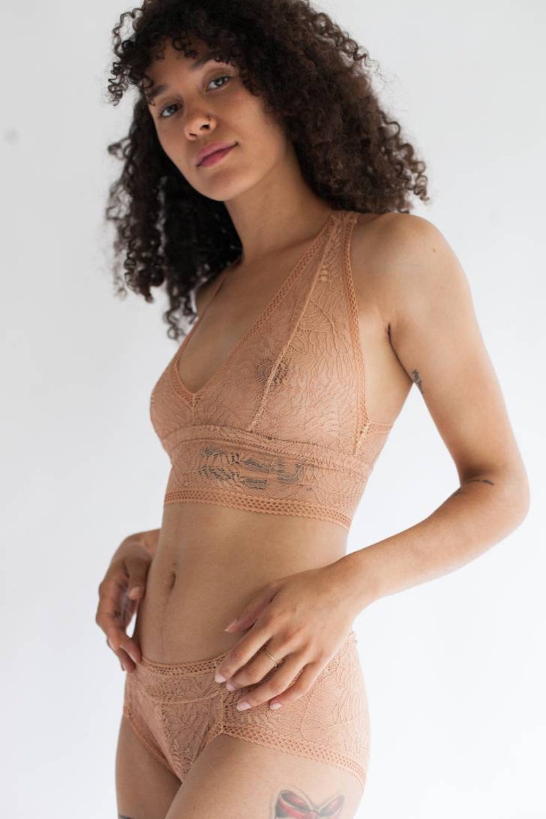 Sheer Bralette with Double Triangle Racerback in Terracotta Fern Print Lace