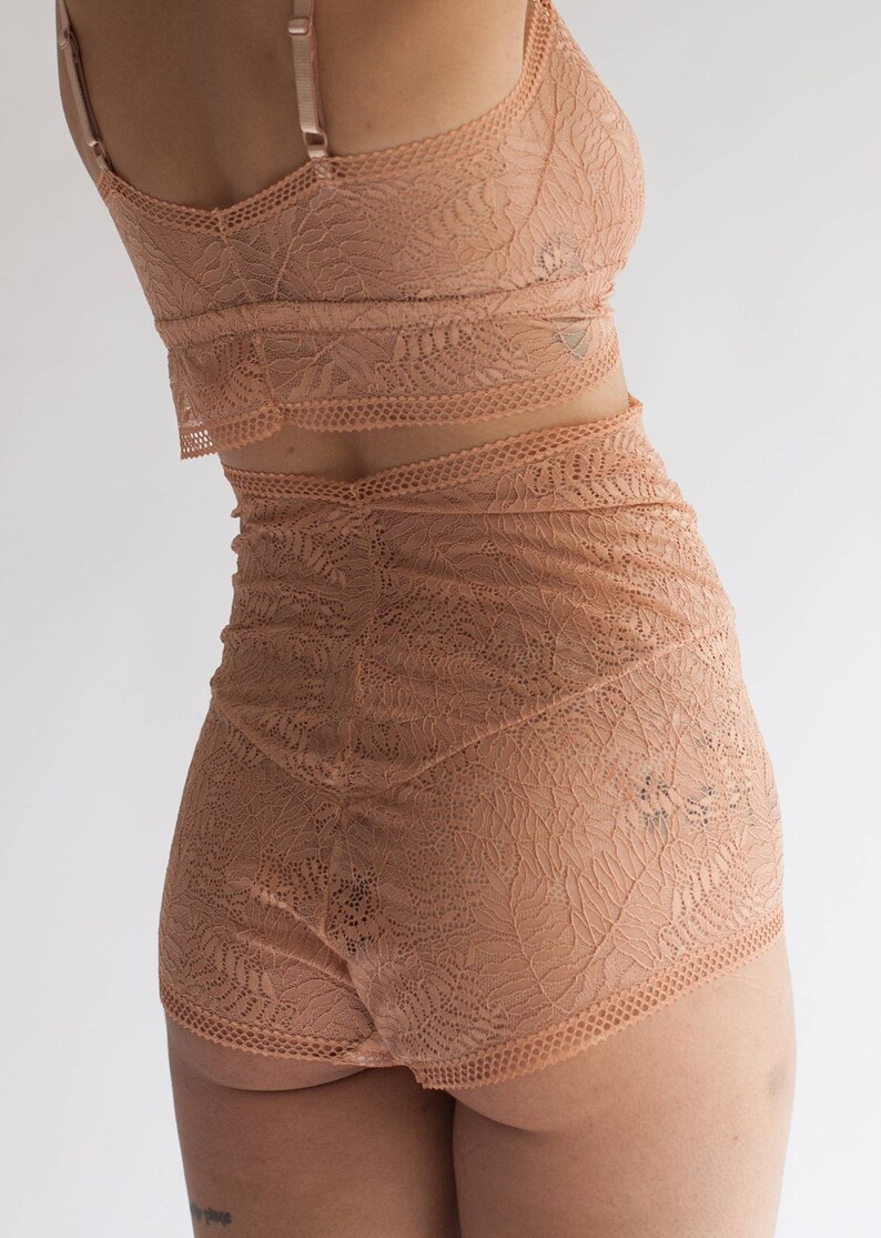 Longline Sweet Heart Spaghetti Strap Lace Bralette in Sheer Light Brown Terracotta Fern Patterned Lace image 3