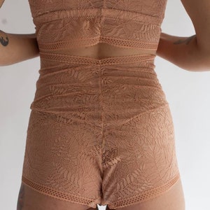 Longline Sweet Heart Spaghetti Strap Lace Bralette in Sheer Light Brown Terracotta Fern Patterned Lace image 7