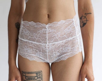 Boy Short in Low Rise or High Rise Cut and Sheer Abstract White Stretch Lace