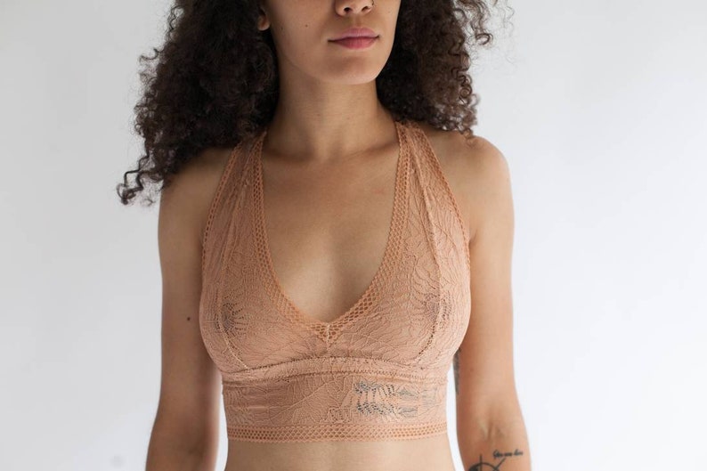 Sheer Bralette with Double Triangle Racerback in Terracotta Fern Print Lace