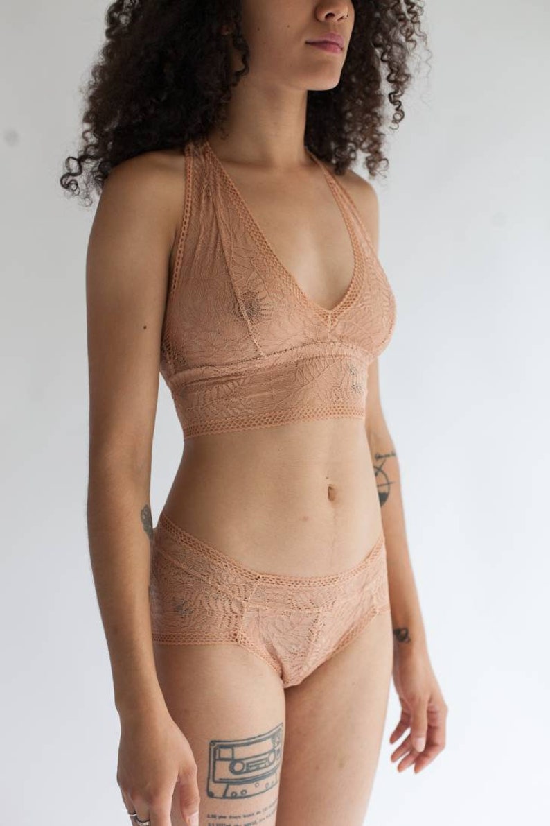 Sheer Bralette with Double Triangle Racerback in Terracotta Fern Print Lace