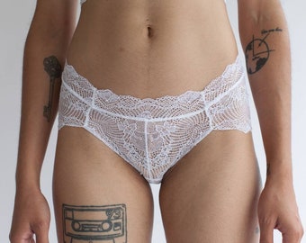 Low Rise Lace Brief in Sheer Abstract White Lace