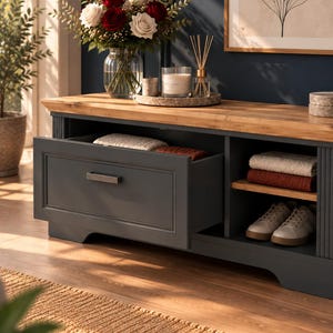 Rustic Wooden Tabletop Entrance Bench   Charcoal Grey Shoe Rack Bench with Drawers and Shelves   Modern Farmhouse Hall Storage Furniture