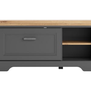 May include: A rectangular storage bench featuring a dark grey frame with a light oak wood top. The unit includes one large drawer with a rectangular handle on the left side and an open storage compartment with a single shelf on the right side.