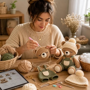 May include: A crocheted brown bear head, a finished bear doll wearing olive green overalls and a cream beanie, a separate pair of olive green overalls, a cream beanie, yarn balls, crochet hooks, and a tablet displaying crochet patterns.