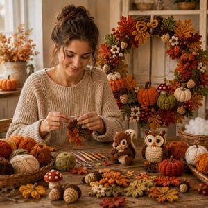 Peut inclure: Un projet de crochet comprenant une grande couronne sur le thème de l'automne ornée de citrouilles, de glands et de feuilles en laine. Sur la table, un écureuil et un hibou au crochet, des pelotes, des crochets et des petits éléments d'automne.