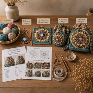 Peut inclure: Un guide de modèle au crochet pour un sac à dos à cordon avec des motifs de mandala floral. Inclut des pelotes de laine, un centre de mandala, un panneau avant carré, une étape d'assemblage, un sac à dos fini, des ciseaux, des crochets et un mètre ruban.