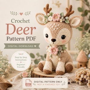 Puede incluir: Un patrón de ganchillo para un ciervo en formato PDF con un ciervo de peluche en tonos marrón claro y crema, con astas, una corona de flores y un adorno floral en el cuello. El texto dice Crochet Deer Pattern PDF, Digital Download, Step-by-Step Instructions, Beginner Friendly y Digital Pattern Only Not a Finished Toy.