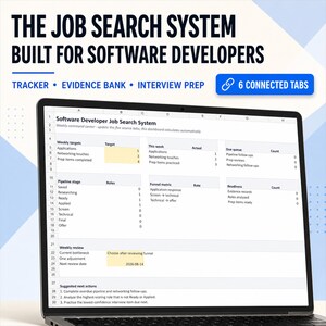 Software Developer Job Search System | Google Sheets Job Tracker, Interview Prep, Networking CRM & AI Prompts (Digital Download)