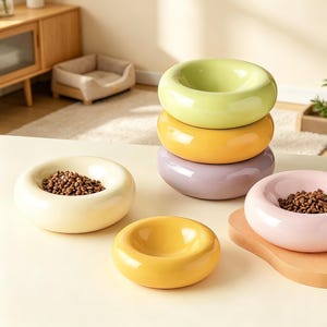 Peut inclure: Un ensemble de cinq bols pour animaux en céramique, lisses et ronds, aux couleurs pastel incluant vert clair, jaune, lavande, crème et rose pâle. Deux bols contiennent des croquettes brunes, tandis que les autres sont vides.
