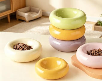 Cute Ceramic doughnut-shaped Cat Bowl,Multi Colored Pet Bowls,Glossy Ceramic Cat Bowl