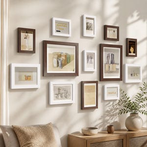 Könnte beinhalten: Eine Galeriewand mit zwölf rechteckigen Bilderrahmen in Weiß und Dunkelbraun. Die Rahmen enthalten verschiedene Drucke, darunter einen mit dem Text "IT ALWAYS SEEMS IMPOSSIBLE UNTIL IT'S DONE" und einen weiteren mit der Aufschrift "TRAVELS".