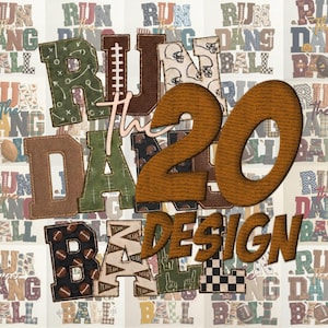 May include: A digital graphic design featuring the text RUN THE DAMN BALL in large, textured, multi-colored block letters with football-themed patterns. The number 20 is prominently displayed in a large, brown, textured font over the text.