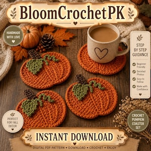 May include: Three orange pumpkin-shaped crochet coasters with green leaves and brown stems. One coaster sits under a beige mug with a heart design. The image includes text: BloomCrochetPK, Step by Step Guidance, and Instant Download.