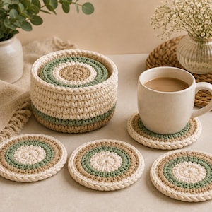 May include: A set of round, crocheted coasters featuring concentric rings in cream, sage green, and tan. The coasters are stored in a matching cylindrical, crocheted basket with thick, textured stitches. One coaster supports a ceramic mug of coffee.
