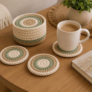 May include: A set of round, crocheted coasters in cream, sage green, and tan, featuring a concentric circle pattern. The set includes a matching cylindrical holder with thick, textured walls, and one coaster is shown supporting a white ceramic mug.