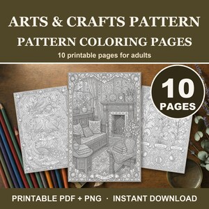 以下が含まれることがあります： 大人向けの印刷可能な塗り絵10ページセット。暖炉、鳥、植物のモチーフが描かれた室内風景など、アーツ・アンド・クラフツ様式の複雑な白黒の線画イラストが含まれています。