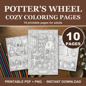 以下が含まれることがあります： 「Potter's Wheel Cozy Coloring Pages」と題された10枚の印刷可能な塗り絵セット。陶芸工房、陶器の花瓶、窯、粘土細工の道具などが描かれた、詳細な白黒の線画イラストが含まれています。