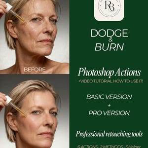 May include: A digital product advertisement for Dodge & Burn Photoshop Actions featuring a before and after comparison of a person's face. The text includes Retouch Bureau, Dodge & Burn, Photoshop Actions, video tutorial, basic and pro versions.