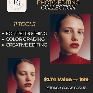 Puede incluir: Un anuncio de producto digital titulado The Professional Photo Editing Collection de Retouch Bureau. Incluye 11 herramientas para retoque, gradación de color y edición creativa, junto a dos retratos de una persona con cuello de cisne rojo.