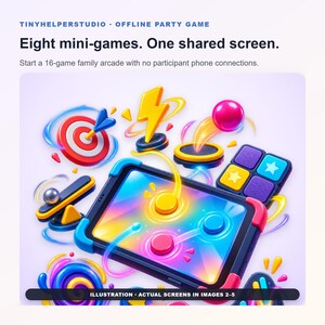 以下が含まれることがあります： 保護ケース付きのタブレットで、カラフルな画面が表示されています。周囲にはターゲット、稲妻、球体、ゲームタイルなどの3Dアイコンが配置されています。テキストには「TINYHELPERSTUDIO, OFFLINE PARTY GAME, Eight mini-games. One shared screen.」と書かれています。