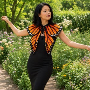 May include: A crochet capelet designed to resemble monarch butterfly wings, featuring vibrant orange, yellow, and black yarn patterns with a scalloped white floral edge. The garment includes a black tie closure at the neck and is worn over a black dress.