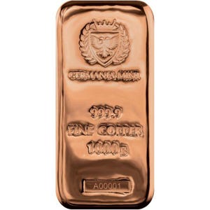 Puede incluir: Una barra de cobre rectangular con acabado pulido. La parte superior presenta un emblema de escudo con un águila bicéfala. El texto dice: GERMANIA MINT, 999.9 FINE COPPER, 1000g, y un número de serie A00001 en la parte inferior.