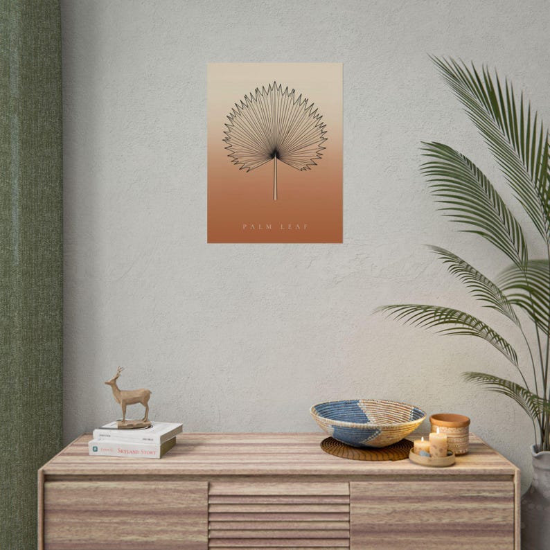 Palm leaf image instant download, Japandi poster, botanical line art, terracotta art print, digital wall art image 1