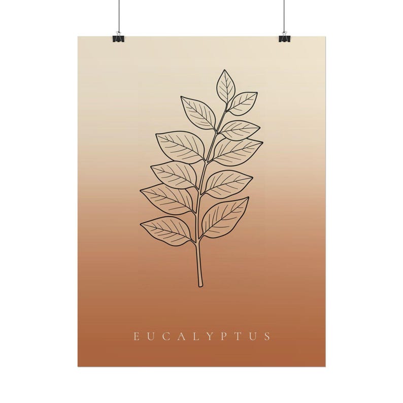 May include: A rectangular wall poster featuring a black line art illustration of a eucalyptus branch centered on a vertical gradient background that transitions from a light cream color at the top to a warm terracotta brown at the bottom.
